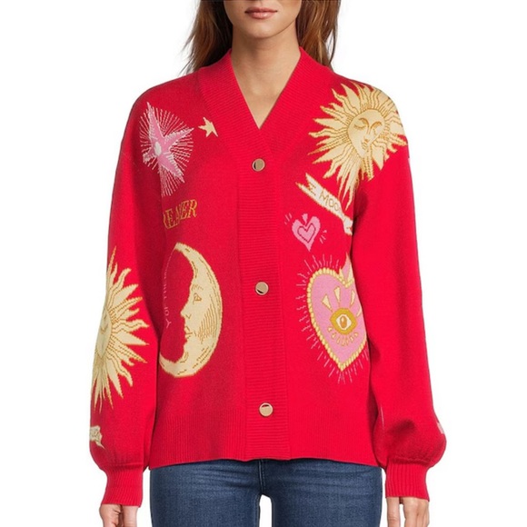 Never Fully Dressed Sweaters - Never Fully Dressed Red Celestial Motif Cardigan